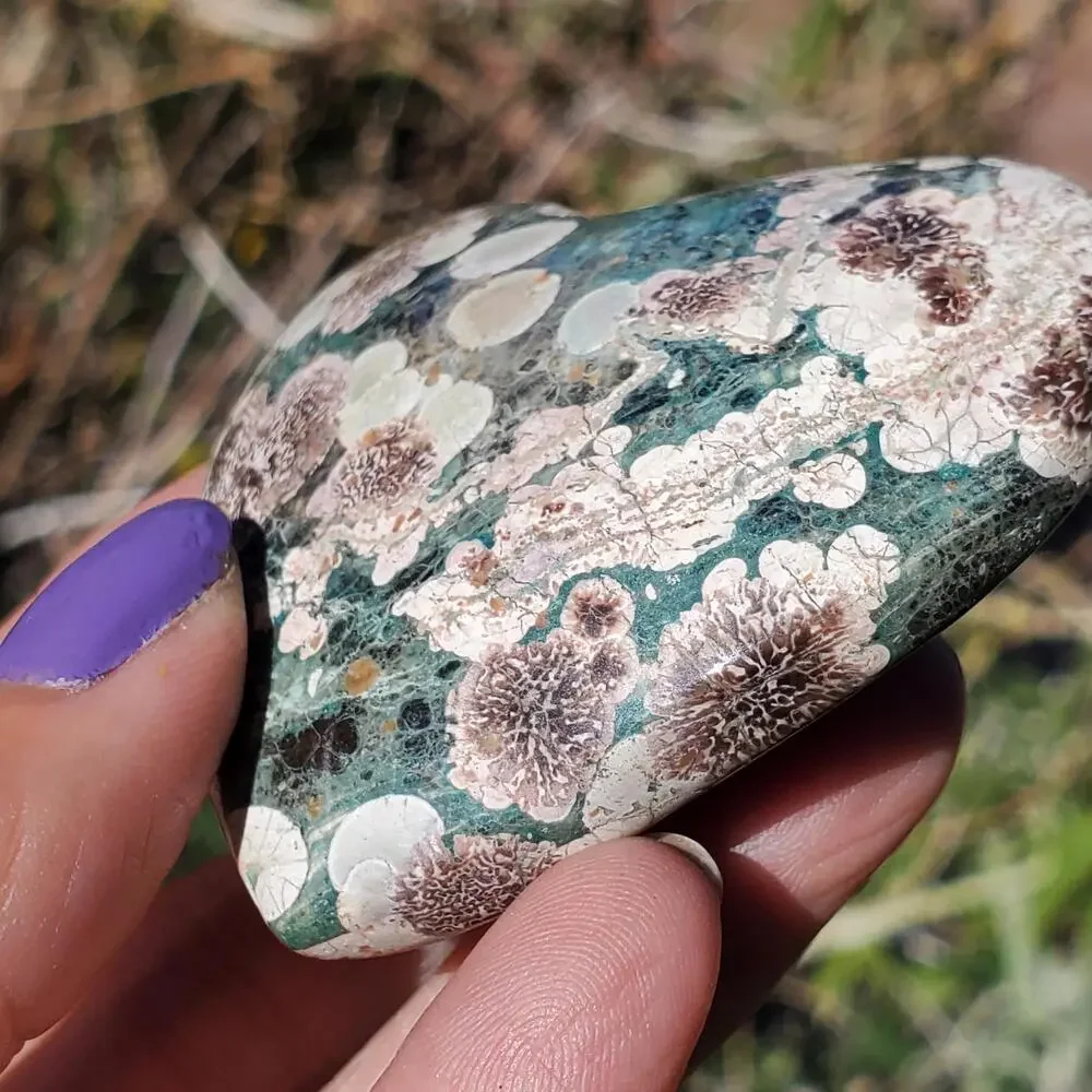 Green Rhyolite Cherry Blossom Puffy Heart Crystal Carving 96 grams